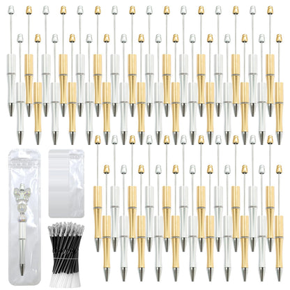 DASTTUIS 150 Pieces DIY Beadable Pen Kit – 50 Plastic Ballpoint Pens with Refills & Bags – School Supplies, Office Accessories & Decorative Items for Students & Teachers (Silver and Gold)