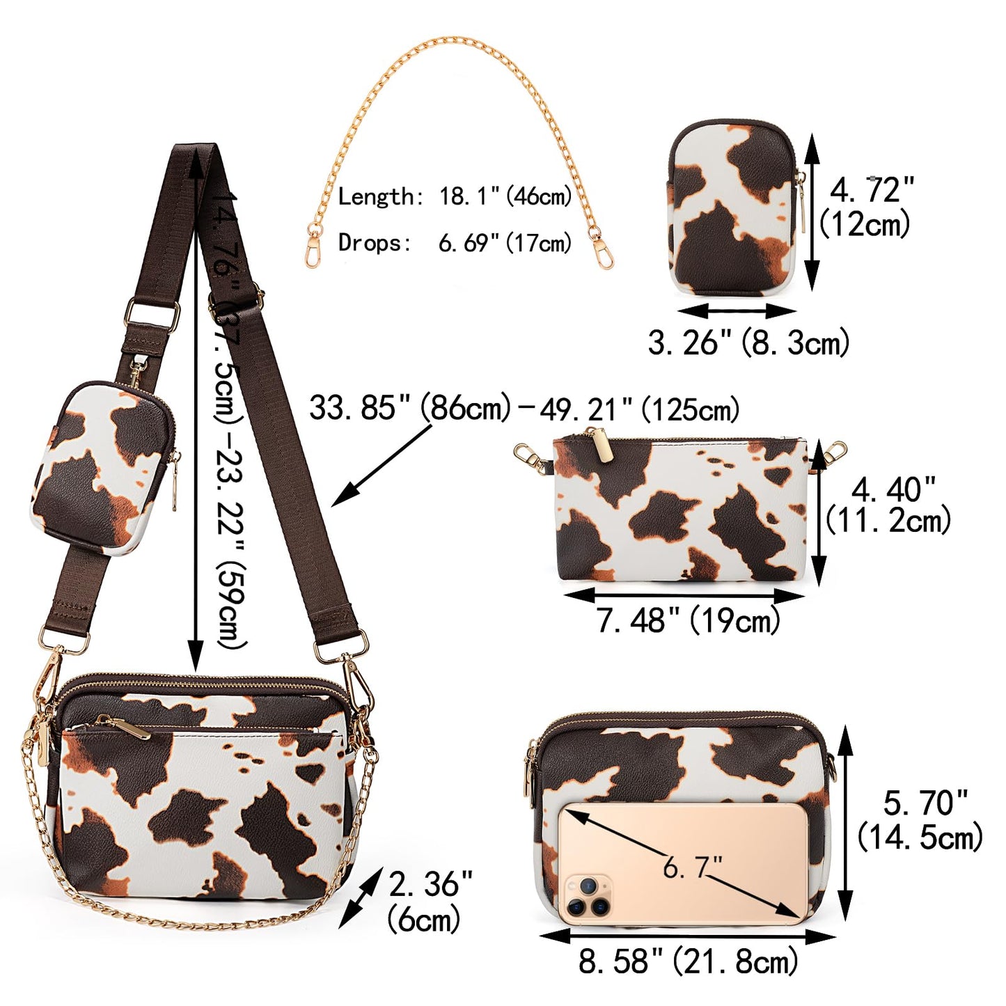 UTO Small Crossbody Bags for Women 3 in 1 Trendy Belt Purse Fashion Designer Mini Cute Sling Fanny Chest Pack