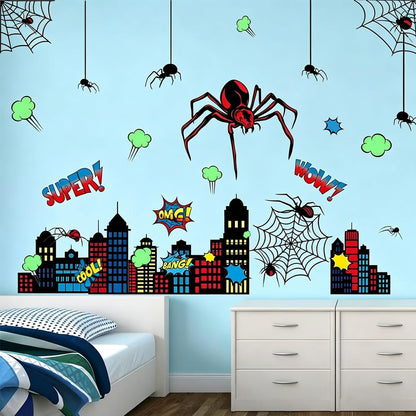 Spider Theme Wall Stickers - Removable Spider Web & Cityscape Wall Decals for Boys Bedroom, Playroom, Living Room