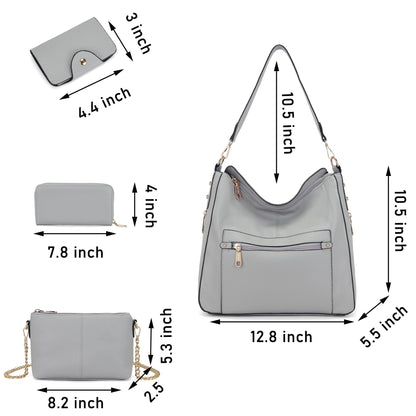 Large Crossbody Purses Set For Women Shoulder Bag Tote Handbags Ladies Hobo Bags With Wallet 4PCS Grey