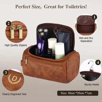 OXYEFEI Personalized Toiletry Bag for Men,Personalized Gifts for Men,Engraved Initial PU Leather Mens Toiletry Travel Shaving Travel Essentials Toiletries Bag for Him Birthday (W, Light Brown)