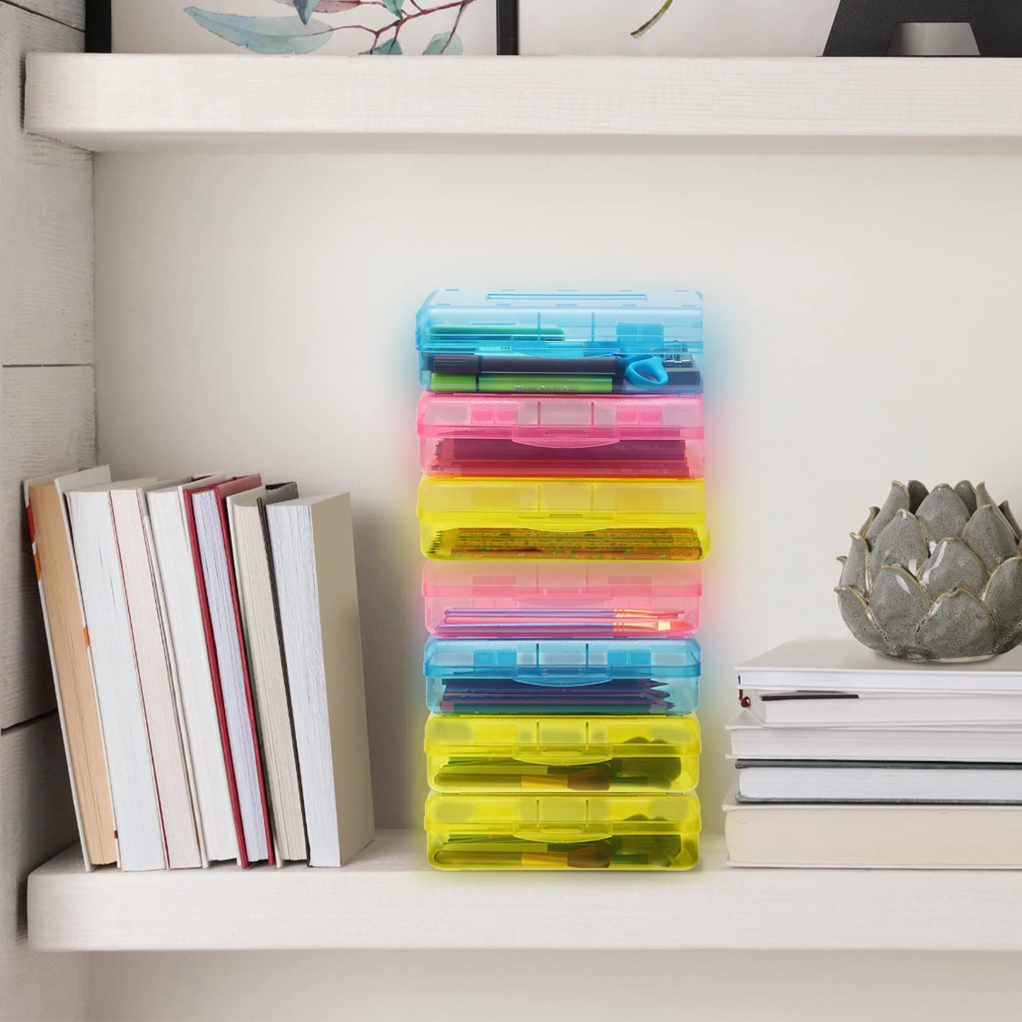 Fainne 24 Pack Pencil Boxes for School Clear Plastic Pencil Case Large Plastic Crayon Box Bulk Stackable Classroom Stationery Organizer School Supplies(Pink, Yellow, Blue)