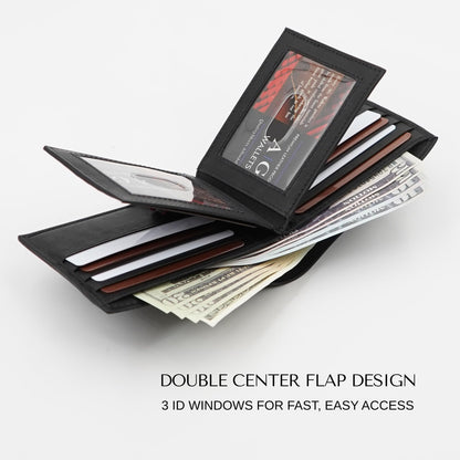 AG Wallets Men’s Bifold Leather Wallet with Double Center Flap, 3 ID Windows, RFID Blocking, Zipper Coin Pocket - Slim Men’s Wallet, Black