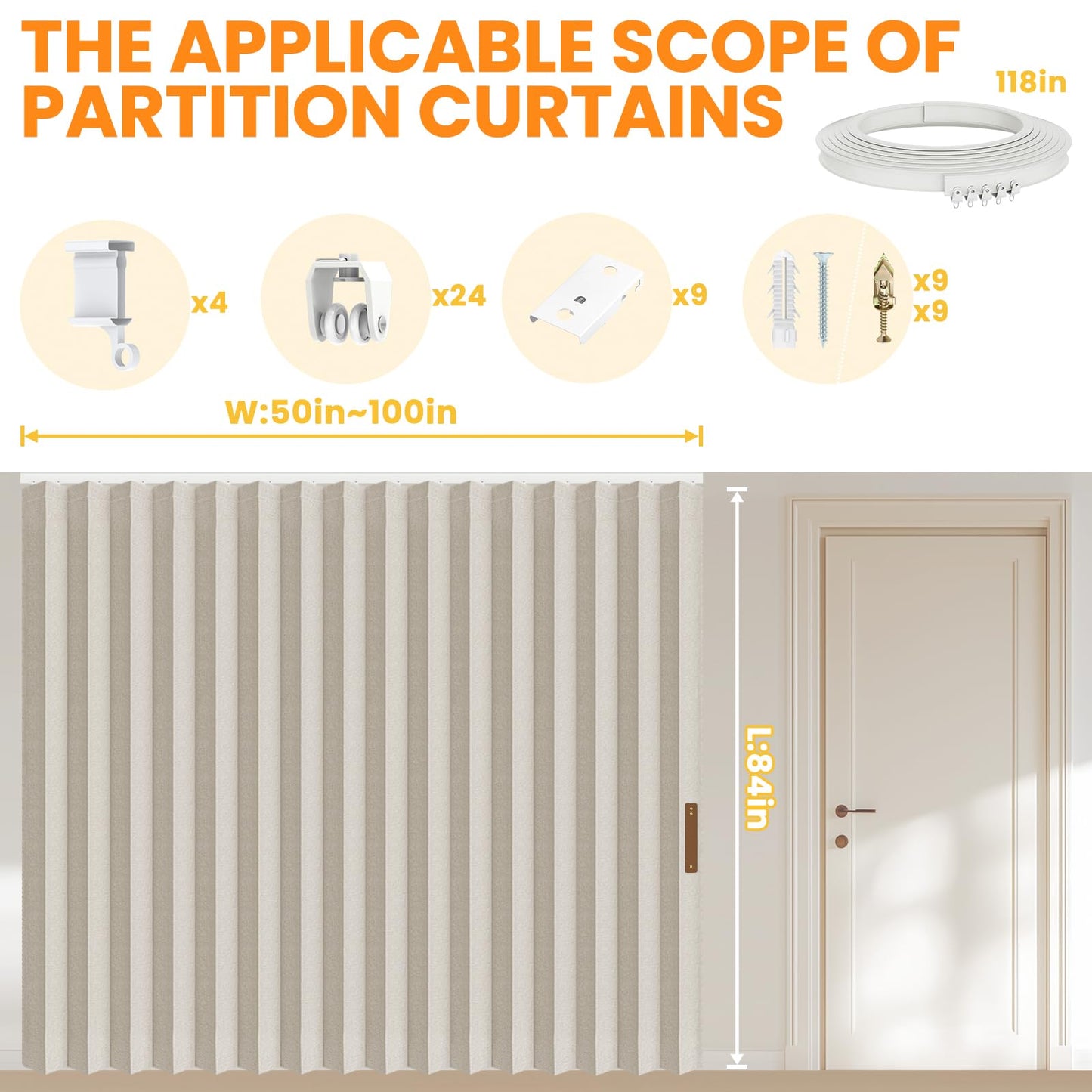 100% Blackout Room Divider Curtains Screen Partitions, Blackout Sound Reducing Divider Room Panel for Doorway Glass Window Sliding Door Patio(Cream White, W100 x L84, 1 Pack)