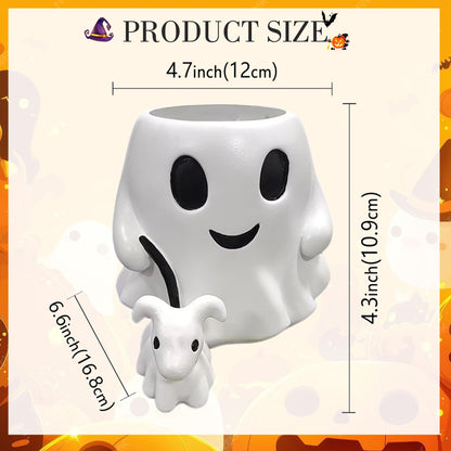 Dvehdbay Halloween Ghost Walking Dog - White Ghost Bucket, Ghost Planter, Ghost Bucket Vase, Halloween Ghost Decor with Ghost Walking Dog, Ghost Candy Bowl Bucket for Home Decor, Outdoor Decoration