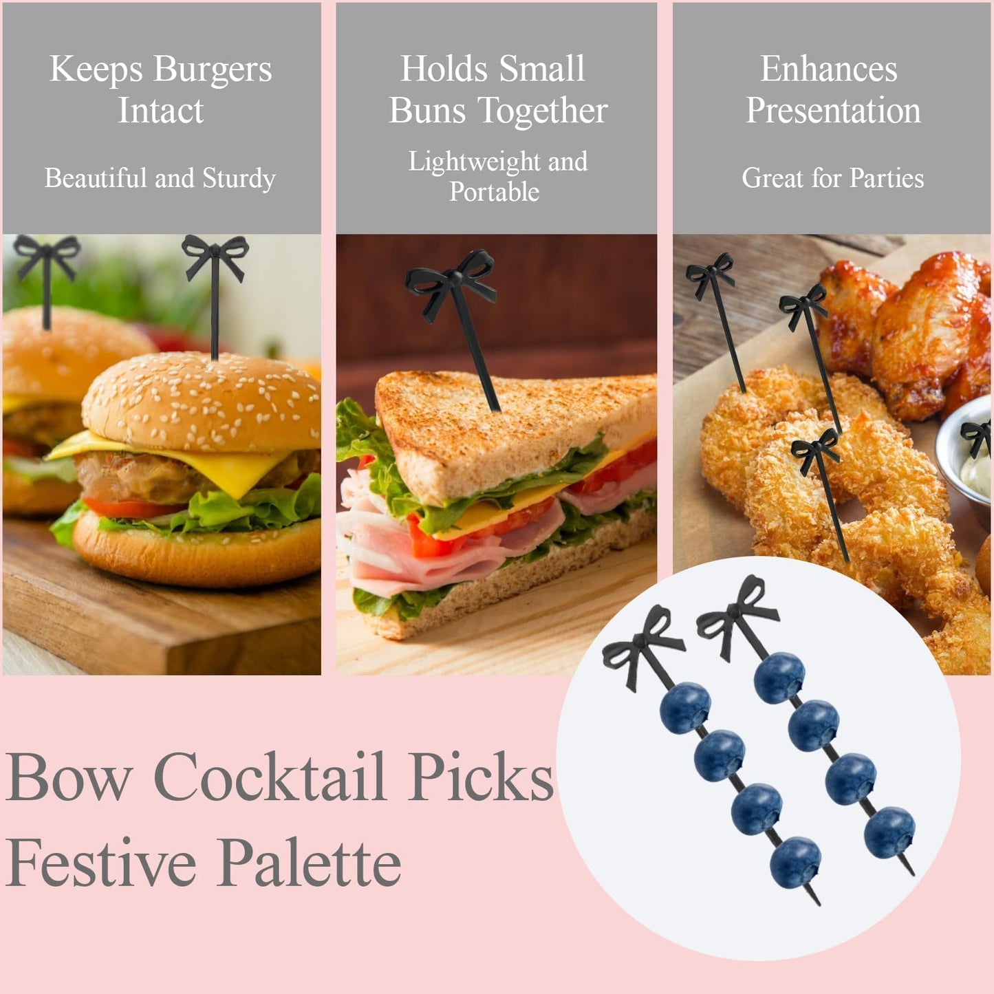 100pcs Black Bow Cocktail Picks,Plastic Bow Decor Fruit Fork Bow Drink Stirrers Black Bow Cupcake Toppers Party Food Sticks Toothpick Dessert Picks Decorative Skewers for Appetizers Party