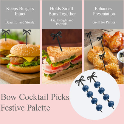 100pcs Black Bow Cocktail Picks,Plastic Bow Decor Fruit Fork Bow Drink Stirrers Black Bow Cupcake Toppers Party Food Sticks Toothpick Dessert Picks Decorative Skewers for Appetizers Party