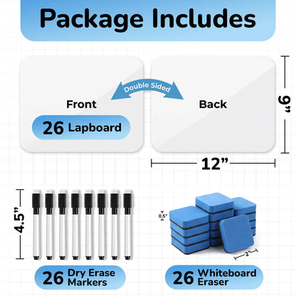 26 Pack Dry Erase Lapboards 12" x 9" - Double Sided Small Dry Erase Boards with 26 Markers & Erasers - Bulk Mini White Boards for Students, Kids, Teachers & School - Classroom Whiteboard Supplies