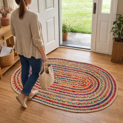Savi Home Oval Jute Cotton Chindi Rug 3'x5' – Multicolor Braided Area Rug for Living Room, Kitchen, Entryway, Farmhouse & Bathroom – Handwoven Recycled Cotton Floor Mat