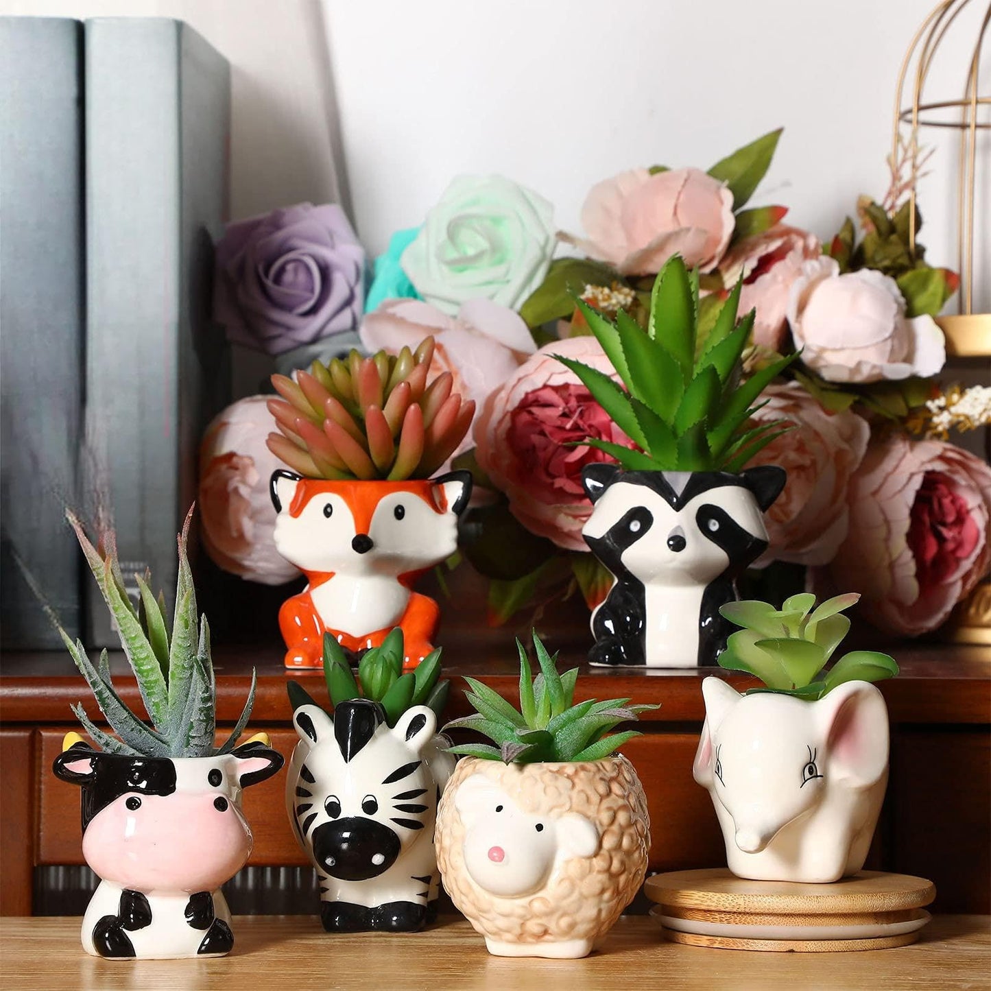 Patelai 6 Pieces Cute Animal Succulent Planter Pot with Drainage Hole, Cartoon Cow Elephant Ceramic Flower Plant Pot Tiny Flower Planter Cactus Container Indoor Outdoor Office Home Decor