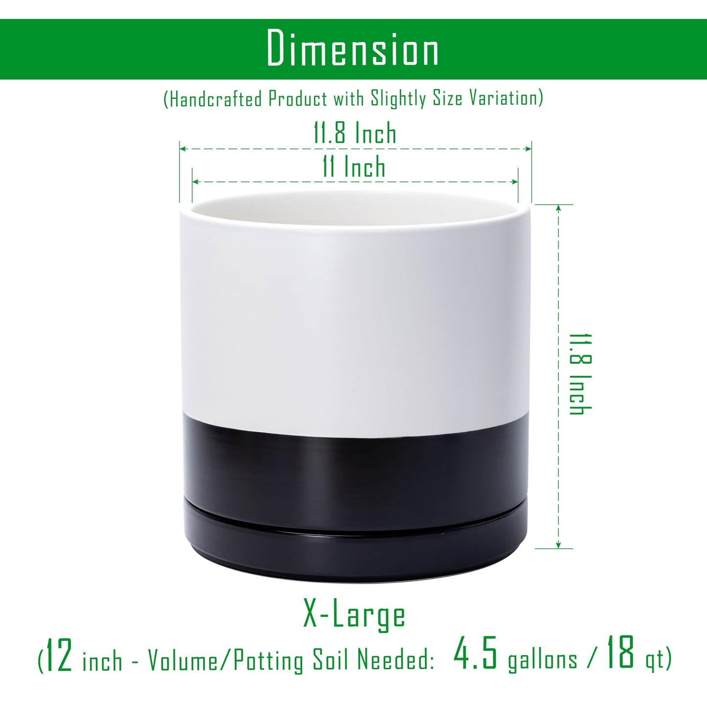 D'vine Dev 12 Inch Ceramic Planter Pot with Drainage Hole and Saucer, Indoor Cylinder Round Planter Pot, Layered Monochrome Black & White, 94-O-F-L