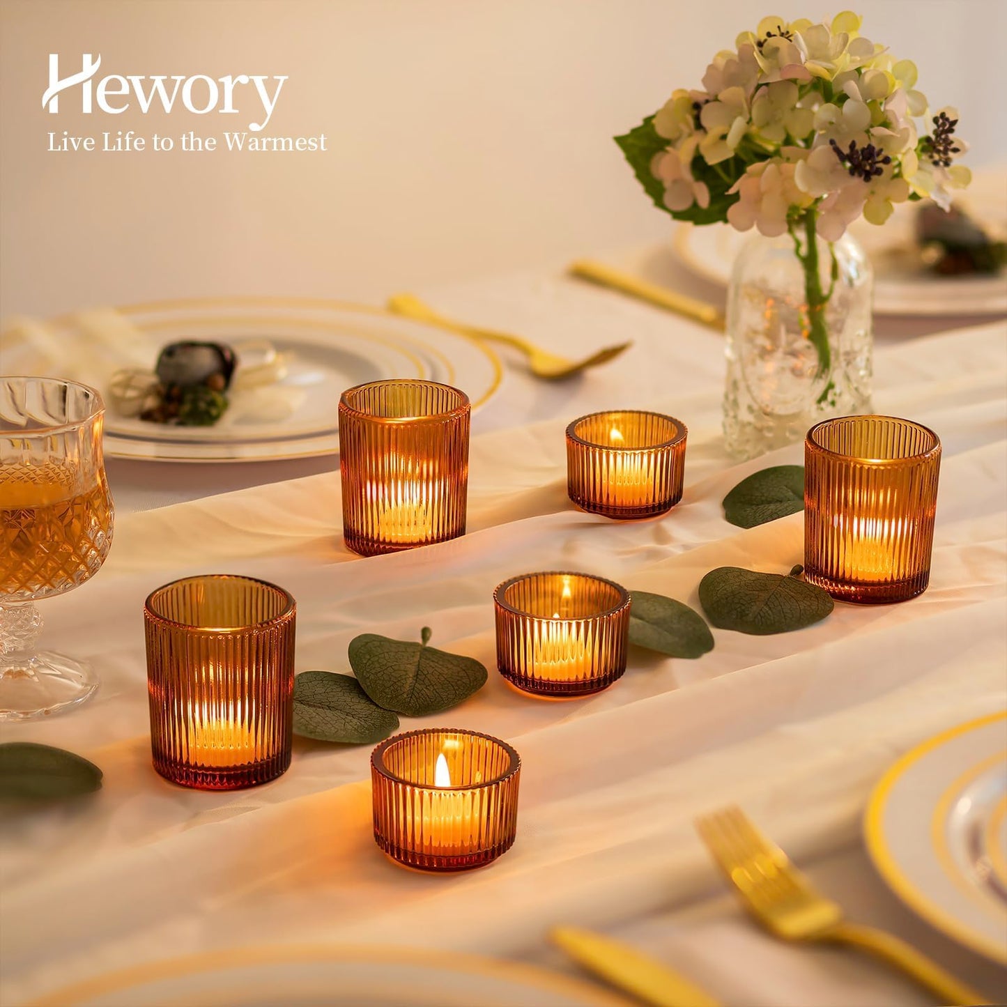 Hewory Glass Tealight Candle Holder: 8 Pcs Amber Votive Candle Holders Tea Lights Candle Holder, Ribbed Tea Light Holders Fall Decorations for Thanksgiving Table Centerpiece Wedding Party Home Decor