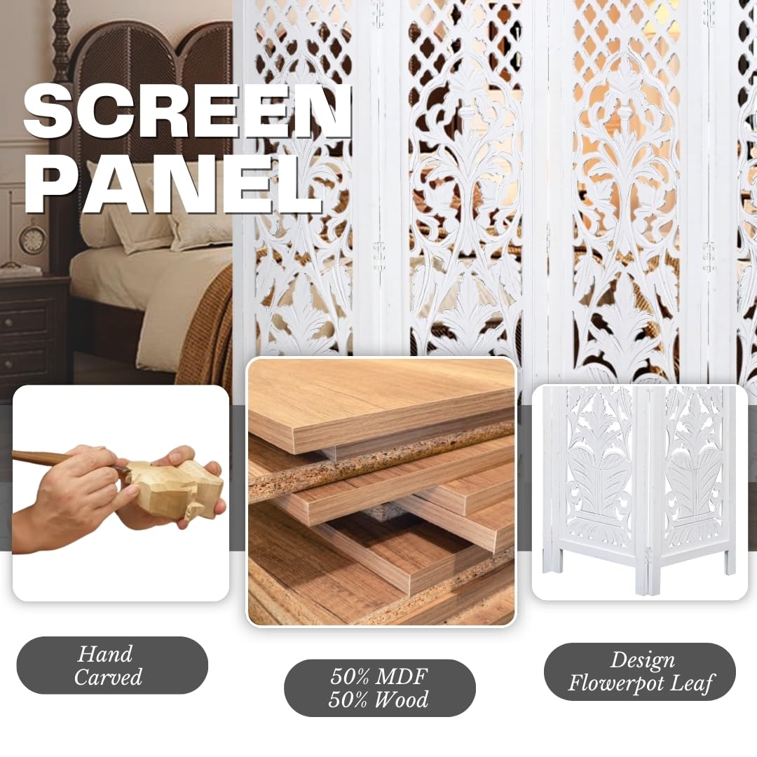Room Divider Wood Screen Panel – White, 4-Panel Folding 64"x54", Hand-Carved, Reversible Privacy Partition, Decorative & Functional Portable Room Divider for Home or Office