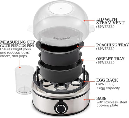 Elite Gourmet EGC855SS Easy Egg Cooker, 7-Egg Capacity, Soft, Medium, Hard-Boiled, Omelets, Poached Eggs, Plays Melody when Done, Auto Shut-Off, Measuring Cup, Stainless Steel