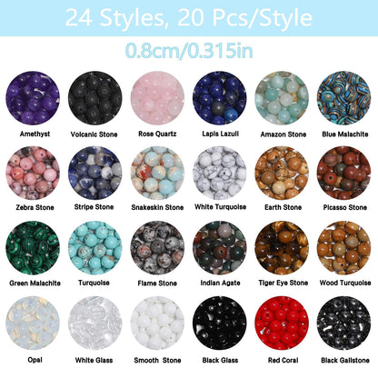 480pcs 8mm Natural Round Stone Beads Gemstone Crystal Loose Beads Smooth Bead for Bracelet Necklace Earring Jewelry Making Kit