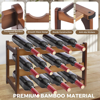Janedream Bamboo Wine Rack 3-Tier 12 Bottle, Freestanding Countertop Wine Storage Shelf, Sturdy Natural Wine Holder Display Cabinet for Kitchen, Pantry, Dining Room & Home Bar (3 Tier)