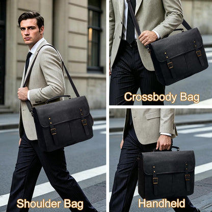 Leather Messenger Bag for Men, 15.6in Laptop Briefcase Vintage Waterproof Laptop Bag Shoulder Bags Satchel Office Bag(Black)