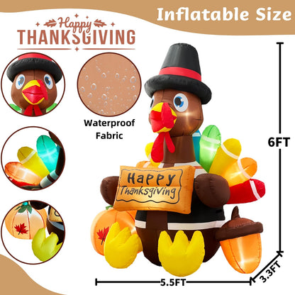 Wabolay Inflatable Turkey Lawn Decoration Thanksgiving Inflatables Outdoor Yard Decorations 6ft Giant Blow Up Turkey with Pilgrim Hat Led Light for Happy Fall Holiday Indoor Outside Autumn Décor