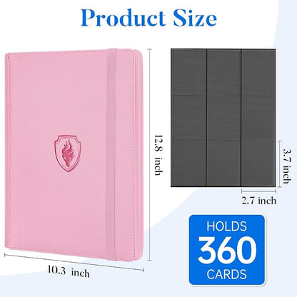 Premium 9 Pocket Card Binder for 360 Cards, Fabmaker PU Cover Trading Card Binder, Sturdy Card Collection Album, Sleek Card Holder Folders for Game Cards & Sports Cards, Pink