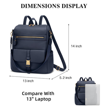 KKXIU Backpack Purse for Women - Multi-pocket Leather backpack for Travel, Work & School with Anti-Theft Lock Pocket, Luggage Strap & Water Bottle Pockets - 13x14x5.2 Inch (Navy)