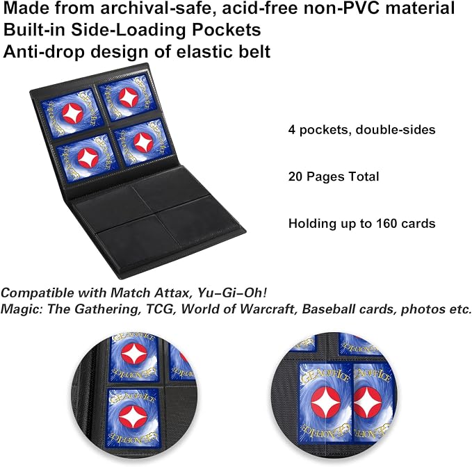 GEAoffice Card Binder - 4 Pocket Trading Card Collection Album Folder - 160 Side Loading Pocket Binder for TCG, MTG, Sports&Game Cards - Gifts for Card Collectors (All Black)