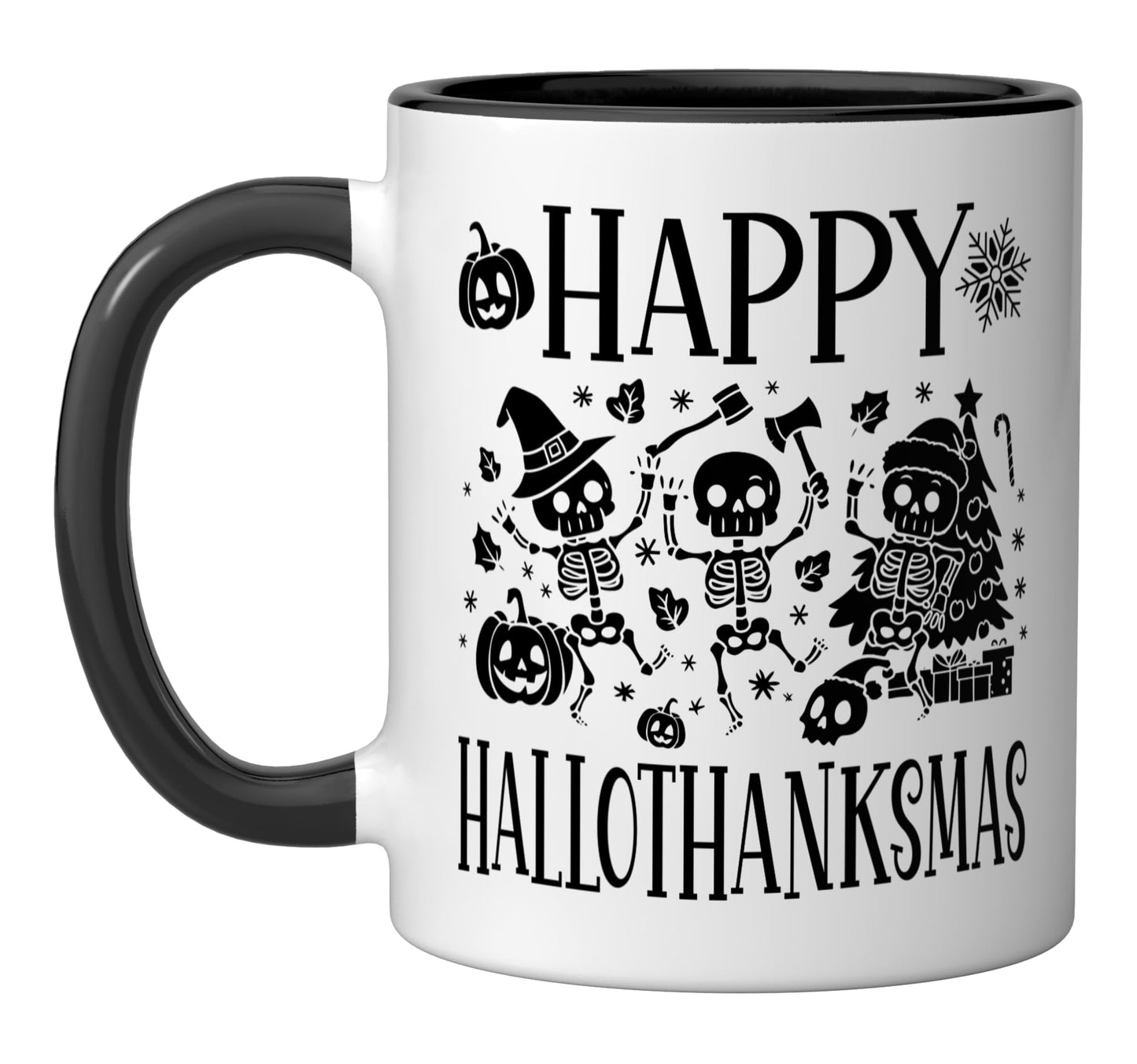 Happy Hallothanksmas Halloween Thanksgiving Xmas Skeleton Ceramic Mug, Black/White