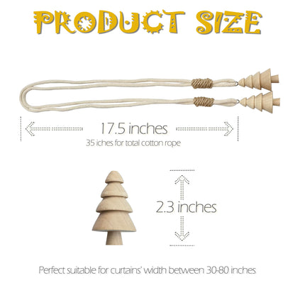 Curtain Tiebacks Farmhouse Holdbacks for Drapes, Boho Tie Backs for Curtains, Cotton Rope with Woody Christmas Tree for Home Decor, Natural Shabby Chic Drapery Holder, Pack-2