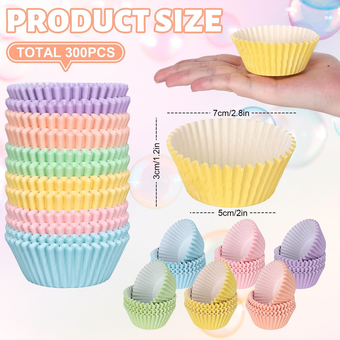 Whaline 300Pcs Colorful Cupcake Liners Pastel Color Cupcake Wrappers Baking Cup Light Pink Blue Purple Yellow Orange Green Muffin Liners for Spring Easter Baby Shower Gender Reveal Wedding Birthday