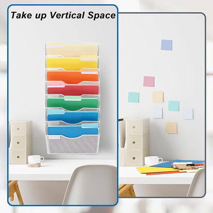 EASEPRES 8 Pocket Mesh Hanging Wall File Organizer, Wall Mounted Mail Paper Document Folder Holder, Clipboard Storage Organization Magazine Rack with Nametag Label for Office Home School, White