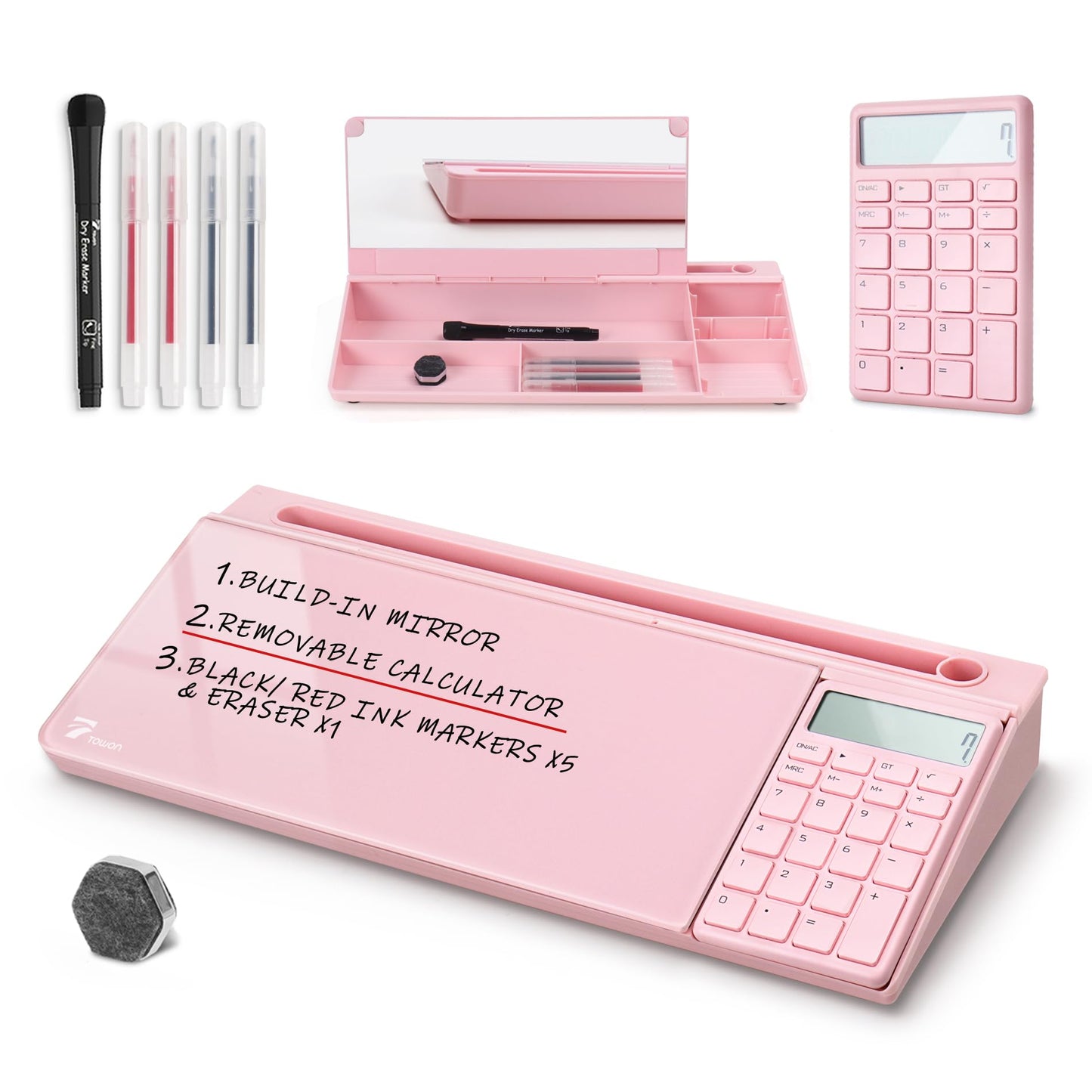 TOWON Desk Dry Erase Board with Detachable Calculator, Small Glass Desktop Whiteboard, Desktop whiteboard - Glass Dry Erase White Board- Desk Computer Buddy for Home Office Supply, Pink, 17 x 6 in