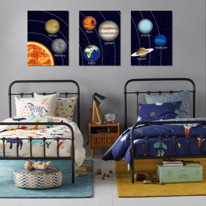 KAIRNE Boys Space Room Decor Framed Outer Space Wall Art Set of 3 (12X16inch) Kids Picture Planets Pictures Solar System Educational Teaching Poster for Boys Room Nursery Children Playroom Decor