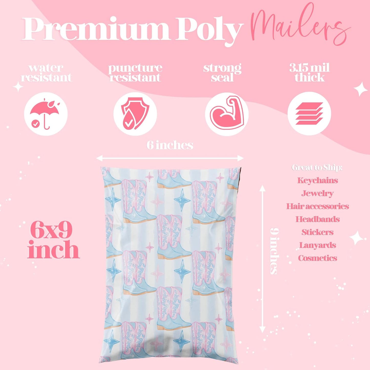 6x9 Designer Poly Mailer 100 Pack Heavy Duty Waterproof Self Seal Shipping Bags for Small Business Large Mailing Envelopes Bulk Tear Resistant Packaging Cowgirl Boots Western