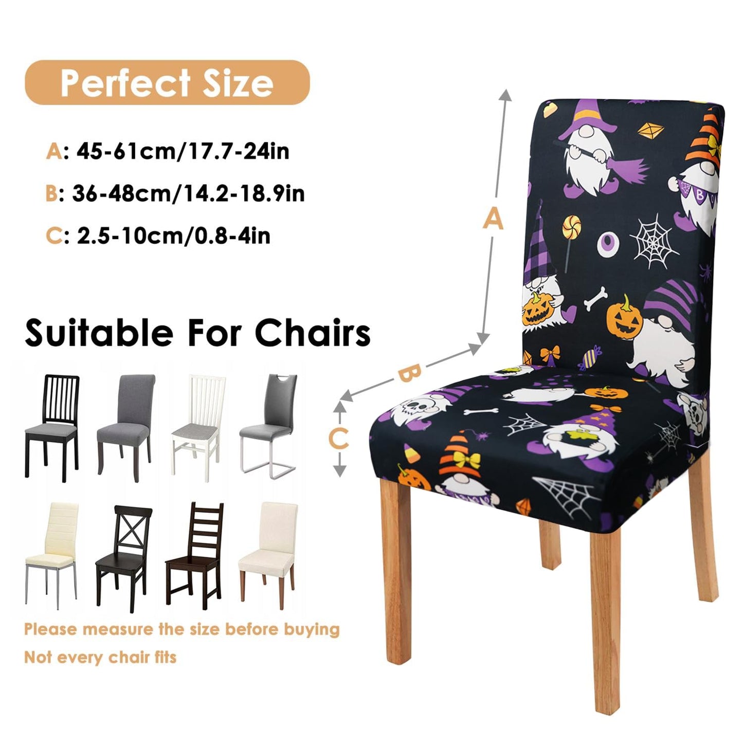 qwpmvhsak Halloween Chair Covers Set of 6, Scary Pumpkin Gnome Dining Chair Protectors, Black Elastic Removable Washable Dining Chair Covers for Halloween Kitchen Restaurant Holiday Decor