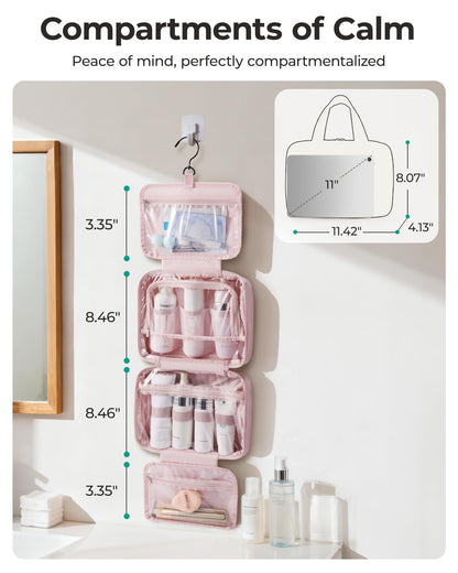 BAGSMART Travel Toiletry Bag for women, Portable Hanging Hook Makeup Bag Organizer, Waterproof Makeup Cosmetic Bag, for Full-Size Accessories, Toiletries, Camel