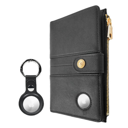 elzama Women's RFID Blocking Passport Wallet, Black with Airtag Holder, Includes Keychain & Pen Holder, Zippered, 11 Pockets, Faux Leather, Slim