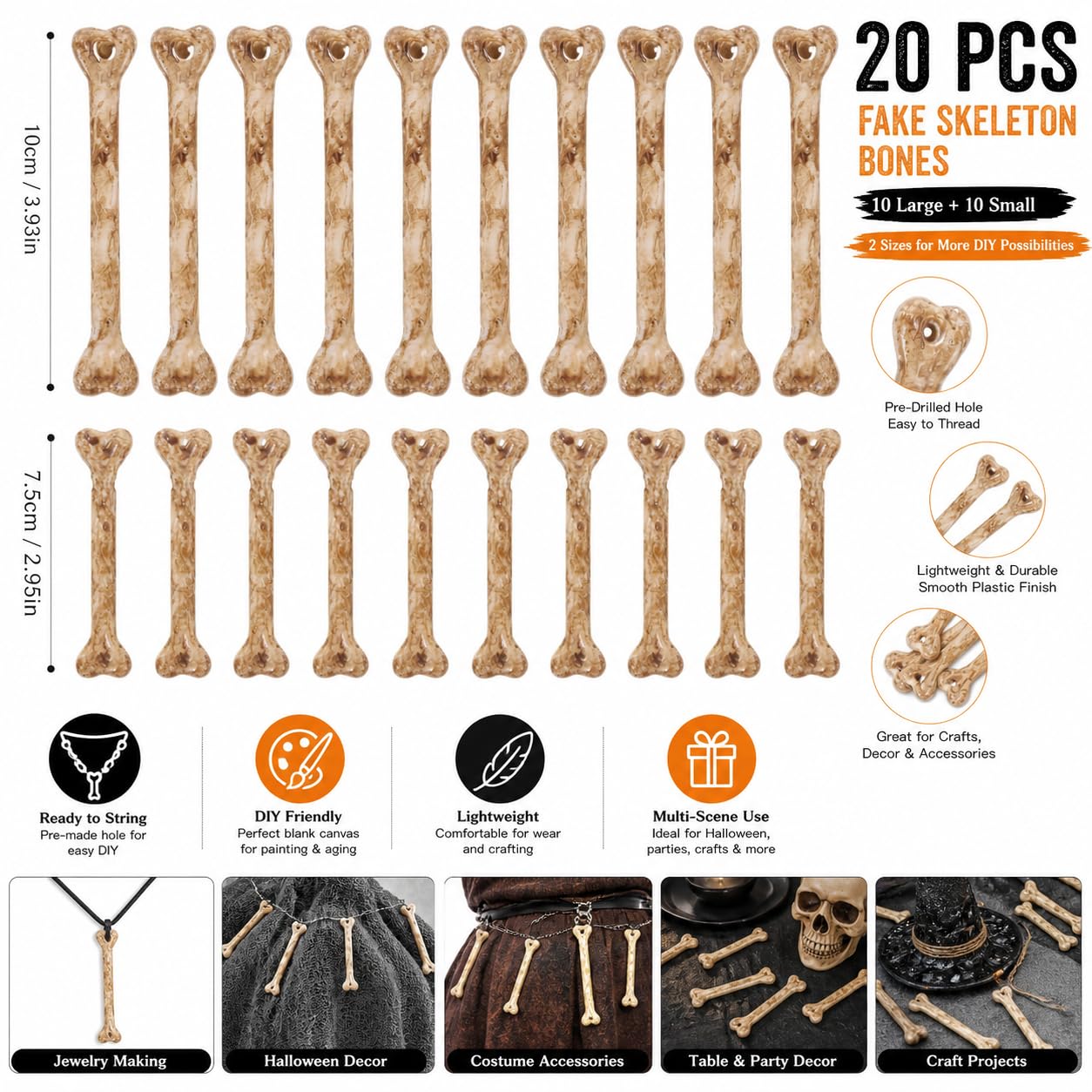 Homoyoyo Fake Bones: 20pcs Skeleton Simulation Bones Plastic Mini Skeleton Charms with Holes for Stringing DIY Crafts Halloween Decoration Small Scene Props Multi-Functional Fake, Two Size 3.93/2.95In