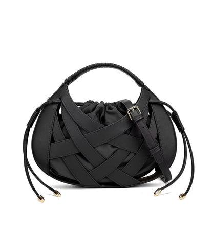 myfriday Woven Crossbody Bag for Women, Semicircle Boho Handbag Vegan Leather Shoulder Hand Purse with Drawstring (Black)