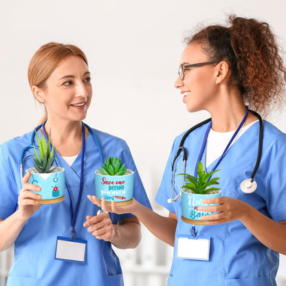 Domensi 9 Pcs Nurse Appreciation Gifts Ceramic Succulent Plant Pot with Bamboo Tray Ceramic Planter Accessories for Nurse Ever Gift Nurse Graduation Season Birthday Gifts