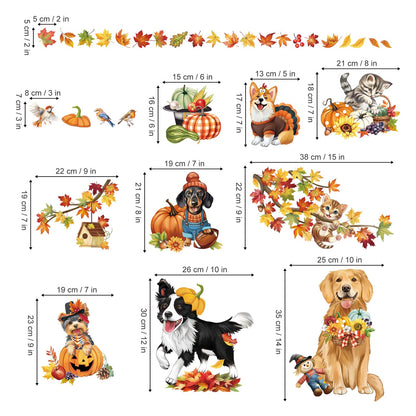 decalmile Fall Pumpkin Maple Leaves Double Sided Window Clings Autumn Harvest Dog Cat Scarecrow Birds on Tree Branch Anti-Collision Glass Doors Window Stickers Decals