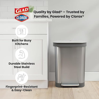 Glad 13 Gallon All Brushed Stainless Steel Trash Can with Clorox Odor Protection | Large Metal Kitchen Garbage Bin with Soft Close Lid, Garbage Bag Rings, Step On Foot Pedal and Waste Bag Roll Holder
