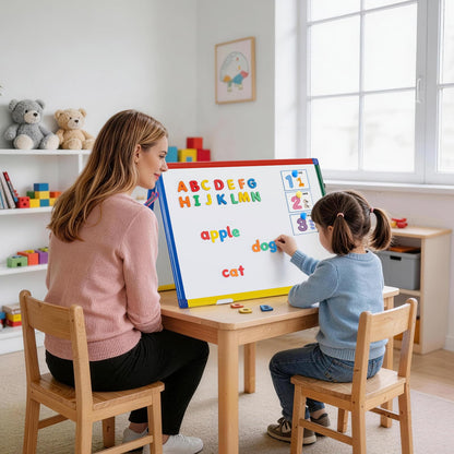 SWANCROWN Magnetic Board for Kids - Tabletop White Board for Children- 24x18 Inch Double Sided Foldable Dry Erase Board Standing with 82Pcs Alphabet Magnets Whiteboard Letters