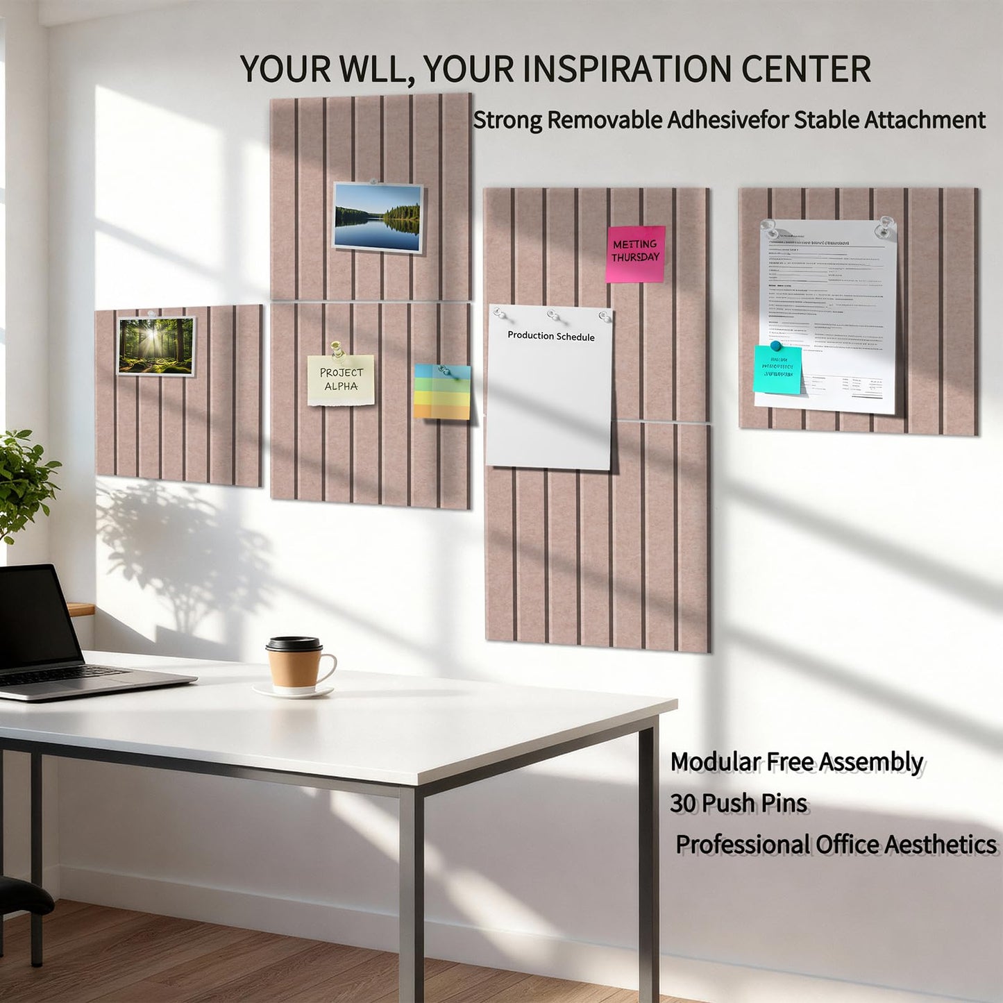 12 Pack Bulletin Boards 48" x 36" Alternative Cork Board for Office,Built-in Storage Device，Large Cork Boards for Walls ， Felt Wall Tiles, Contains Removable Security Stickers and PushPins (V-Beige)