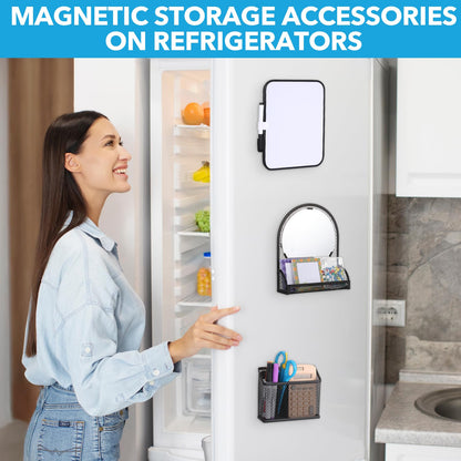 CroBlissful Set of 3 Magnetic Locker Accessories Include Mirror with Bottom Tray Magnetic Whiteboard with 2 Markers and Mesh Storage Basket for Students School Office Locker Organizer(Black)