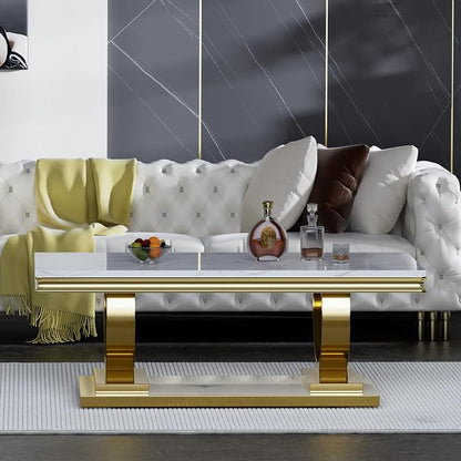 1 Piece Living Room Coffee Table Luxury Faux Marble Center Table, Modern White Gold Coffee Table with Double O Shape Stainless Steel Pedestal Base,1 Table Only