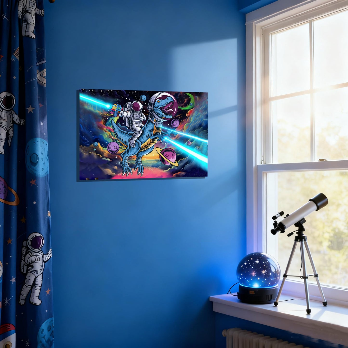 16x24 Space Astronaut Dinosour Star Wars Canvas Wall Art Watercolor Framed Prints Teen Boy T-Rax in Galaxy Cosmic Home Decor Painting Kids Bedroom Picture Child Room Funny Poster Kids Bathroom Photo