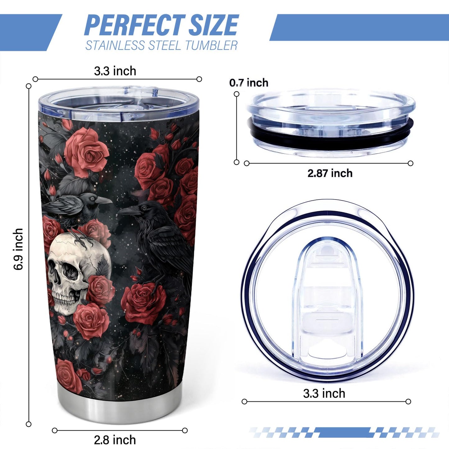 Equoza Halloween Skull and Raven Tumbler, 20oz Insulated Stainless Steel Coffee Travel Mug with Lid, Gothic Horror Cup for Women Men, Funny Spooky Tumbler for Her