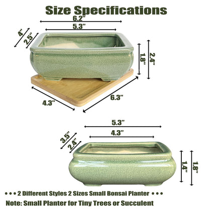 MUZHI 2pcs Green Ceramic Bonsai Planter Pots with Bamboo Tray 6.2 “ & 5.3”, Rectangular Glazed Bonsai & Succulent Cactus Starter Pot with Drainage Ice Crack Design