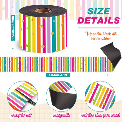 Tenceur 48 ft x 2.76 Inch Magnetic Borders for Whiteboard Decoration, Rainbow Polka Dot Stripes Magnetic Bulletin Board Border Set for Summer Classroom Office Chalkboard Poster Board Decor