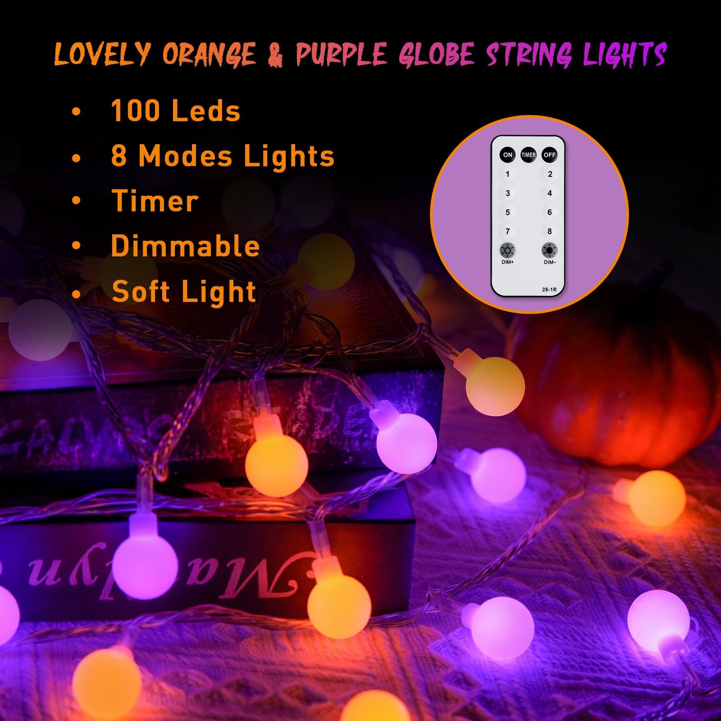 JMEXSUSS 100 LED Globe String Lights Indoor Plug in with Remote, 33ft Connectable Christmas Lights Outdoor, 8 Modes Orange and Purple Fairy Light Outdoor for Bedroom Room Party Christmas Decor