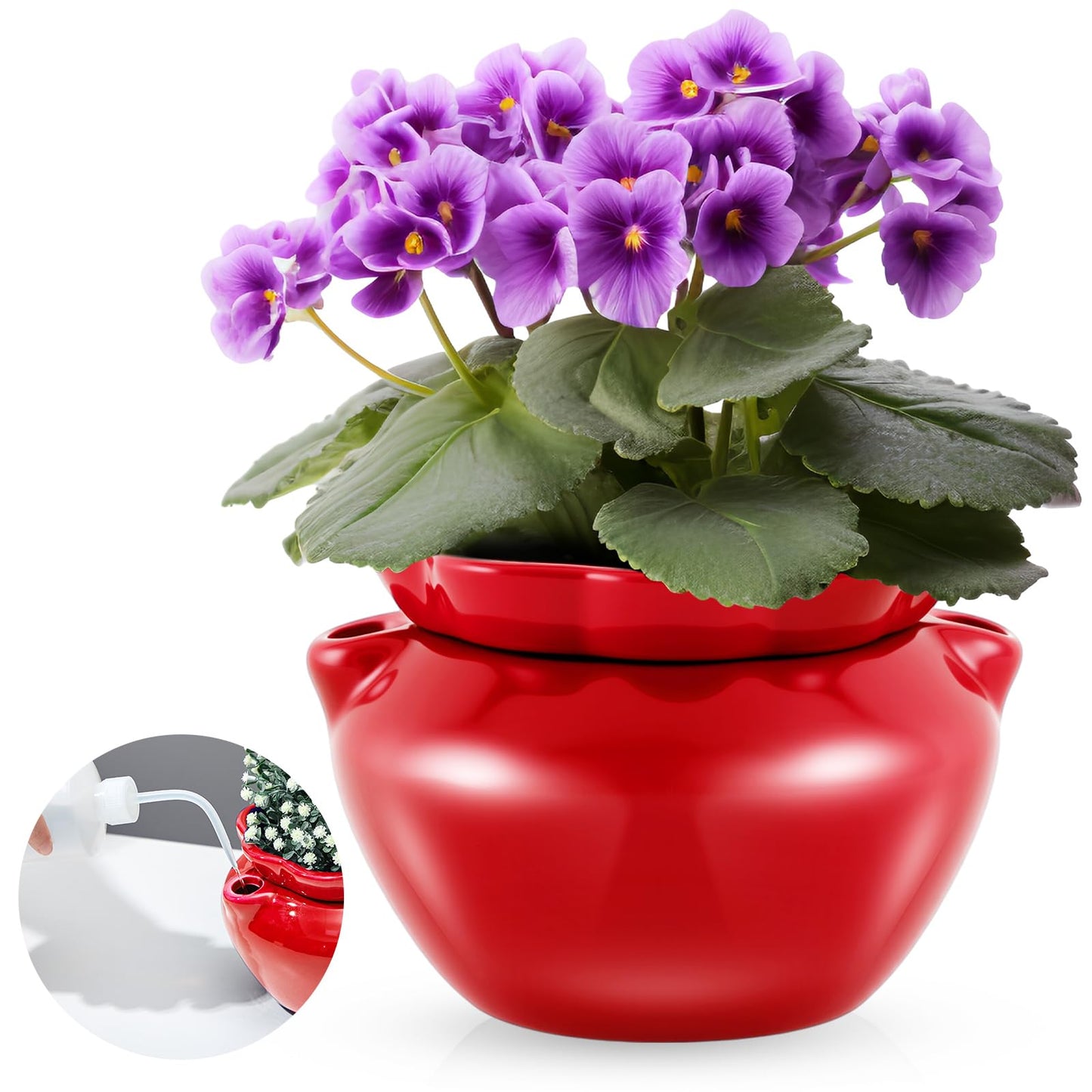 Sunnychicc 6.3 Inch African Violet Pots, Red Self Watering Pot for Indoor Plants, Ceramic Easy Plant Self Watering Pot for Thriving Plant Flower Maintenance